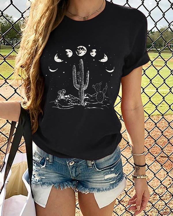 Cactus Printing Round Collar Short Sleeve T-shirt