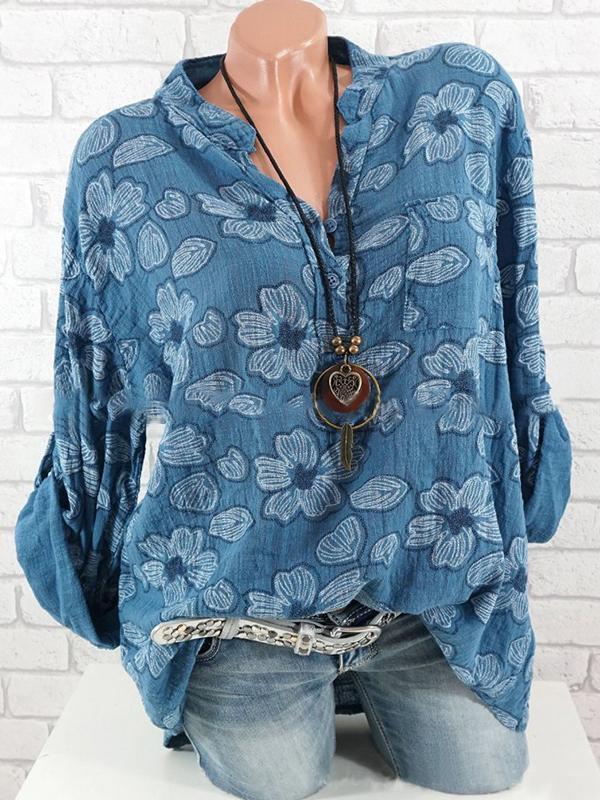 Floral Casual Polyester Collar Long Sleeve Blouses