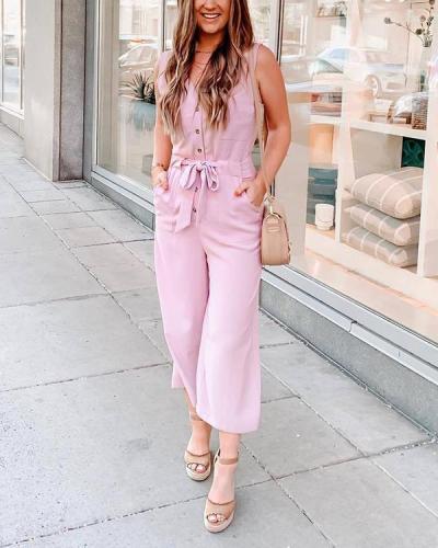 Solid Pink Jumpsuits Pockets Button Sash Rompers