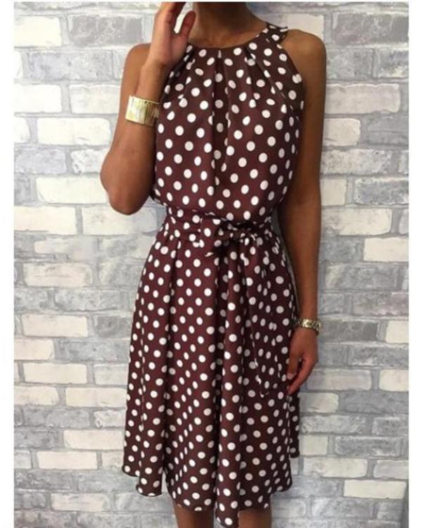 Casual Crew Neck Polka Dot Sleeveless Plus Size Dress