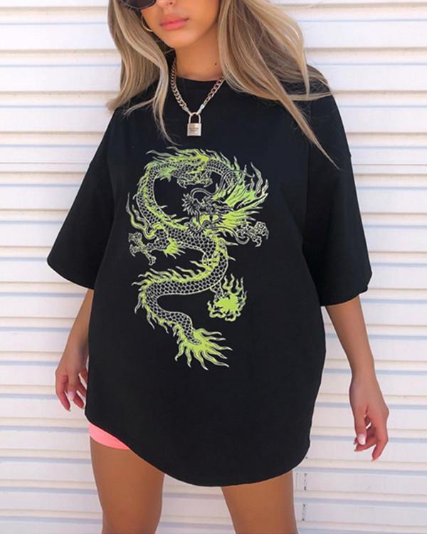 Personalized Dragon Print Loose Mid-length Short Sleeve Top Shirt