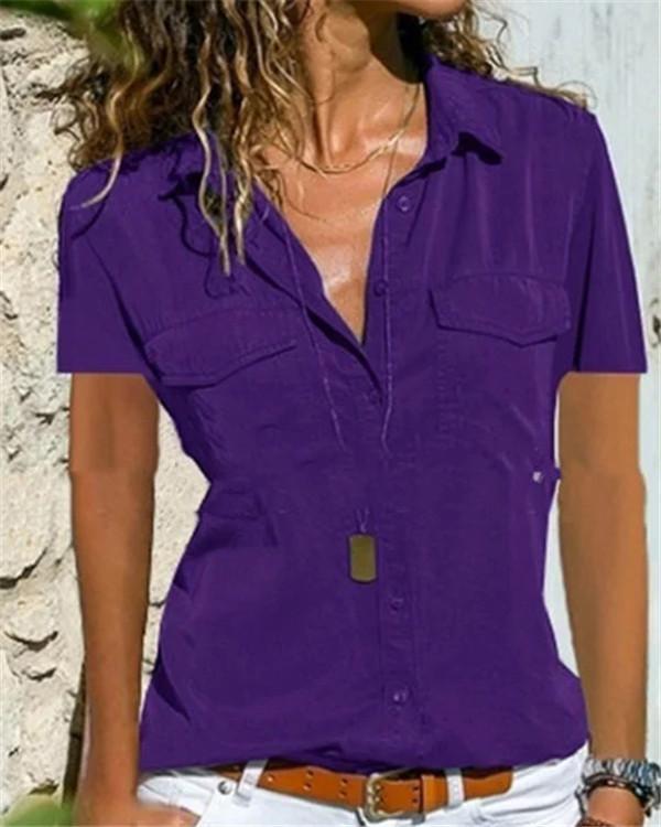 Fashion V-Neck Short Sleeve Casual Solid Shirts Blouses