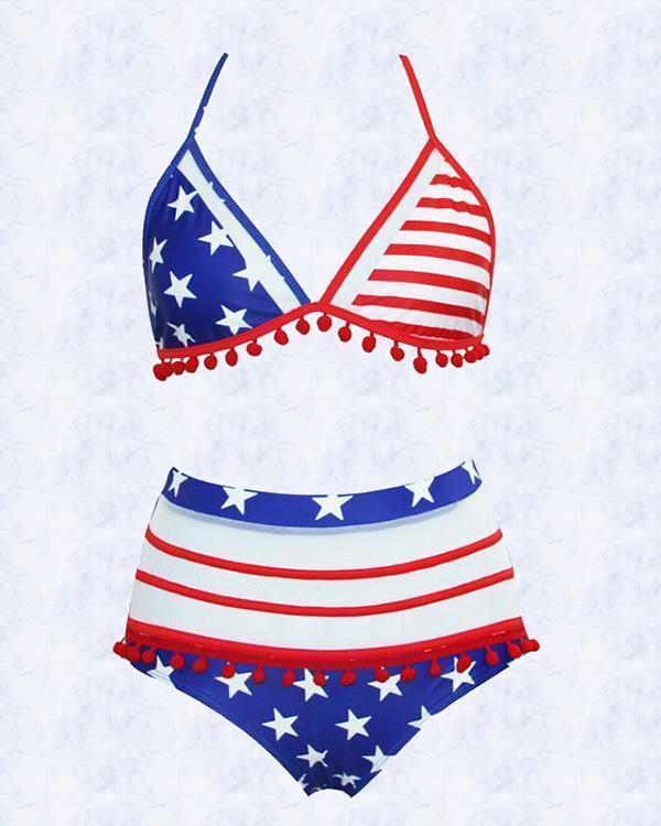 American Flag Printed Sexy Halter High Waist Bikini