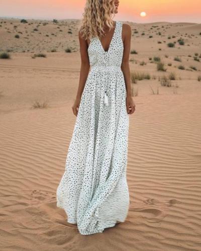 Women V Neck  Polka Dot Maxi Dress Bohemian Dress