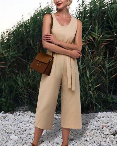 Khaki Casual Sleeveless Solid Jumpsuit