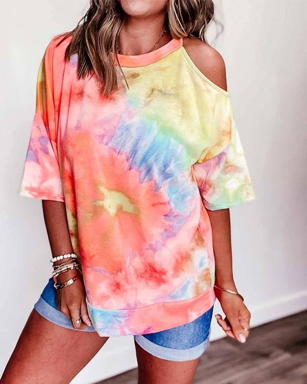 Cold Shoulder Gradient Print Paneled Casual T-shirt