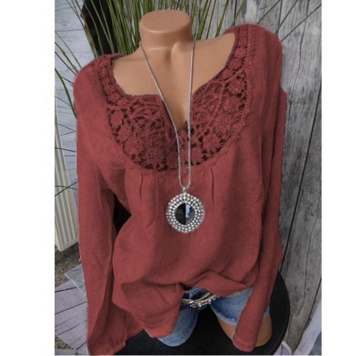 Plus Size Lace Patchwork Long Sleeve Notched Neck Blouses