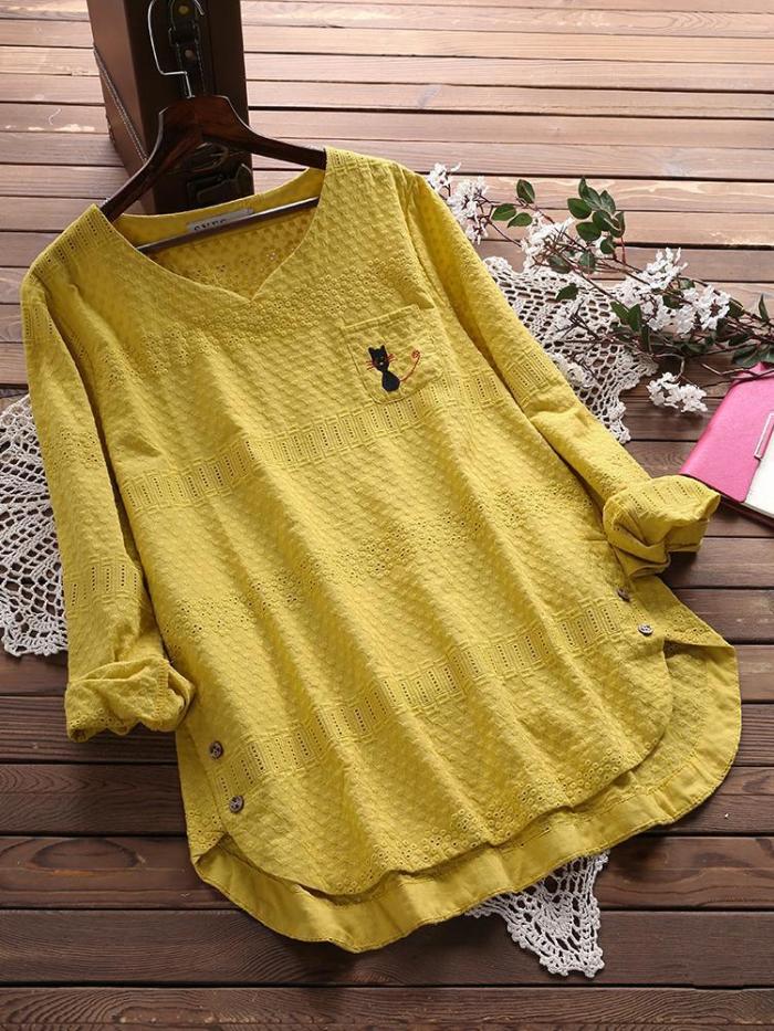 Casual Flower Embroidery Women‘s Long-sleeved Shirts
