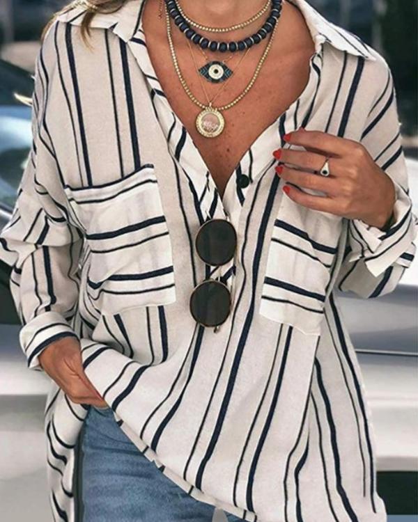 Striped Buttoned Down Plus Size Blouses Shirts
