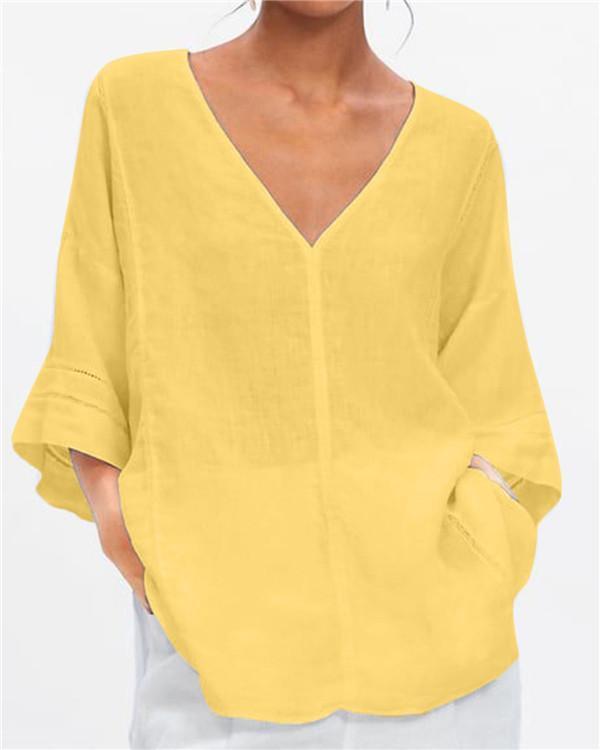 3/4 Sleeve V Neck Summer Solid Women Holiday Blouse