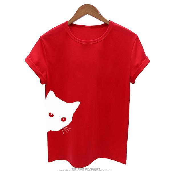 Women Casual Funny Print  Cat Looking Outside Plus Size T-shirts Tops