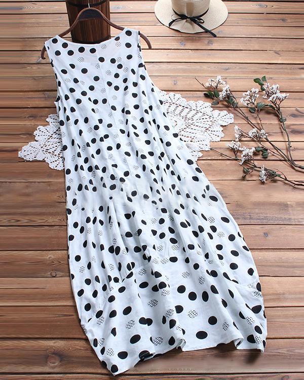 Round Neck Women Summer Dresses Printed Polka Dots Midi Dresses