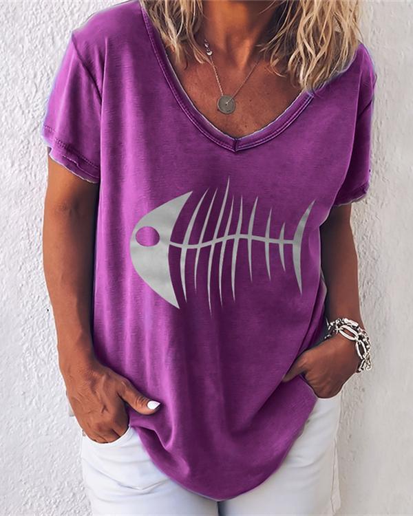 Fish Printed Short Sleeve V Neck Shirts Tops