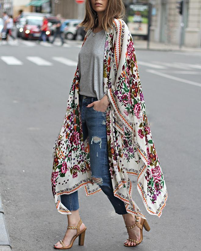 Fall Vintage Cardigan Outwear Floral Printed Women Daily Shirts & Tops