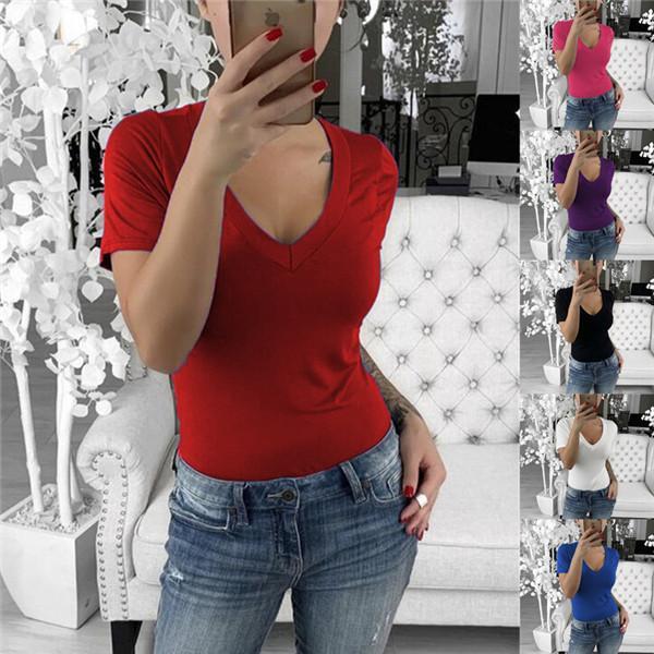 V Neck Women Casual Solid Sexy T-Shirts Tops