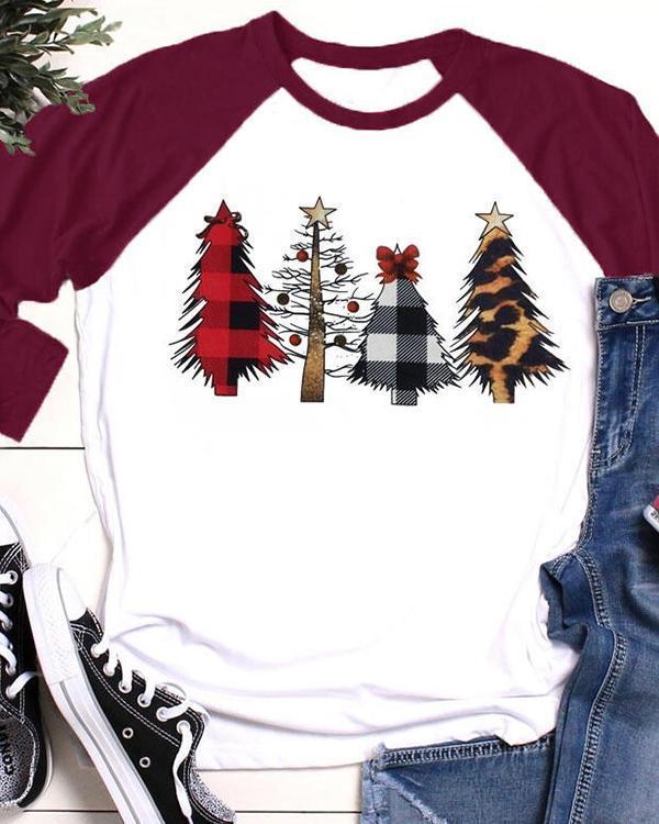 Christmas Tree Leopard Printed Baseball T-Shirt Tee