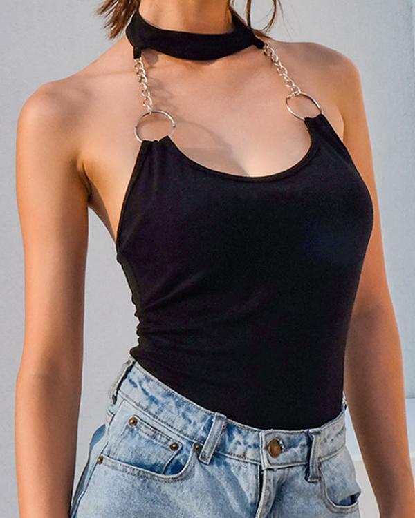 Chain Hanging Backless Black Bodysuit