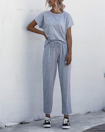 Casual Round Neck Short Sleeve Solid Color Jumpsuit