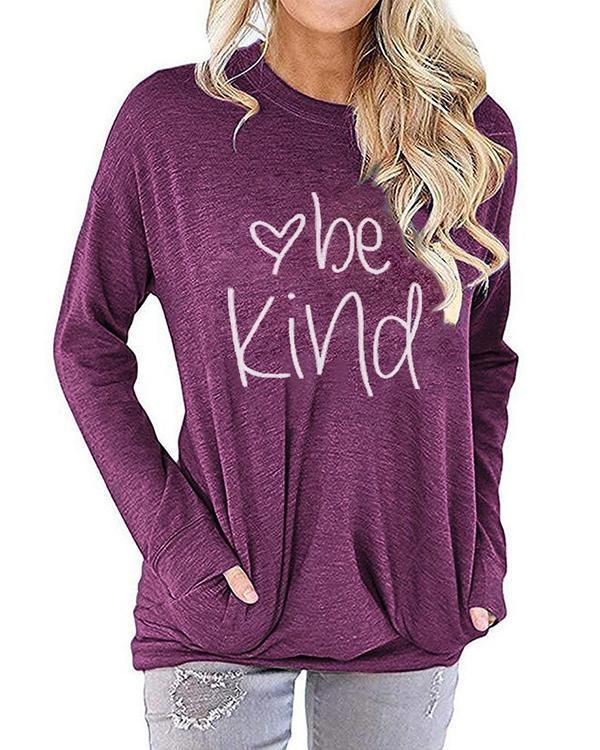 Be Kind Women's Casual Long Sleeve Solid and Letter Printed Shirts Blouses