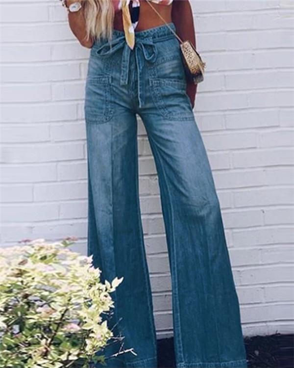 Blue Denim Casual Plain Pants