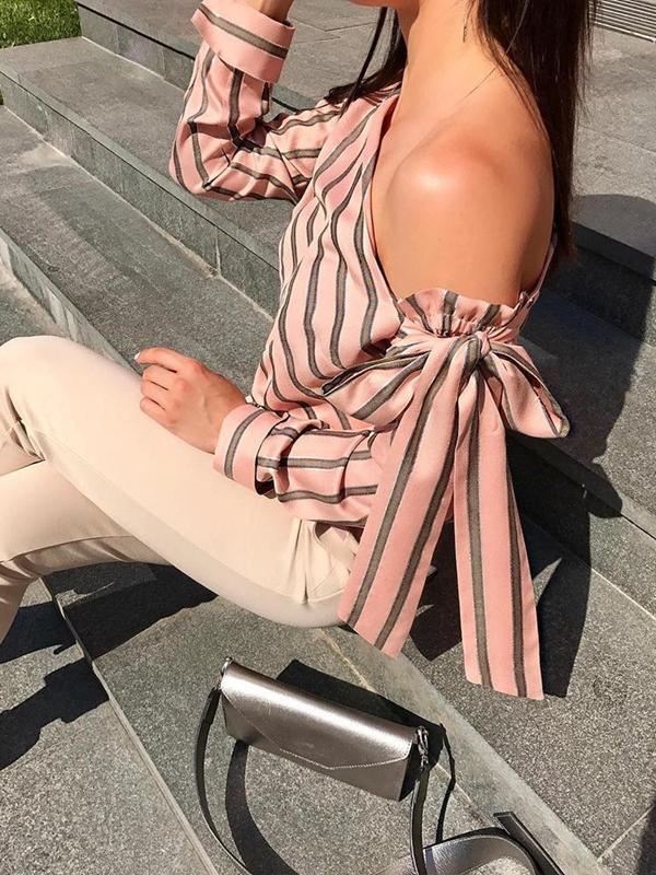 Oblique Collar Long Sleeve Bowknot Stripes Blouses Tops