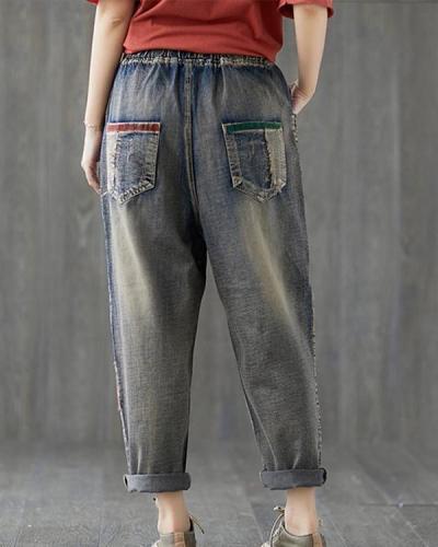 Women Printed Casual Elastic Waist Pockets Jeans