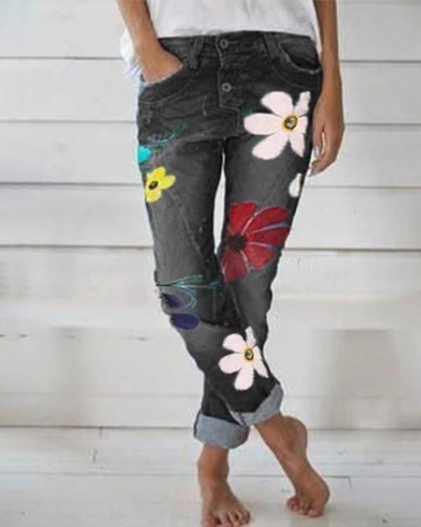 Women's  Vintage Floral Fashion Denim Bottoms Jeans Pants