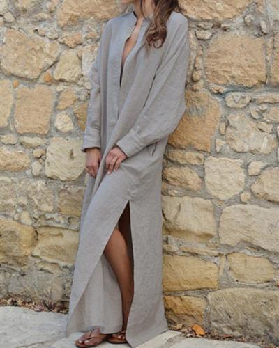 Women Vintage Loose Solid V Neck Slit Cotton Linen Dress