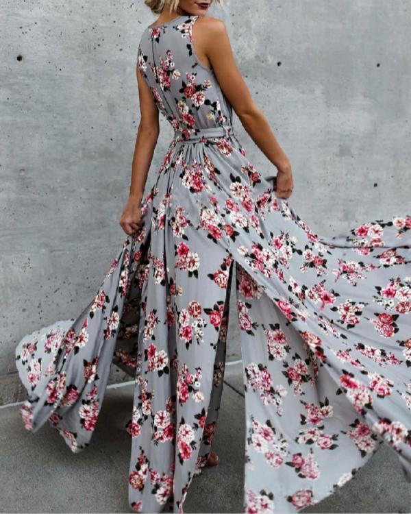 Bohemia Floral Sleeveless V Neck Split-side Maxi Dress