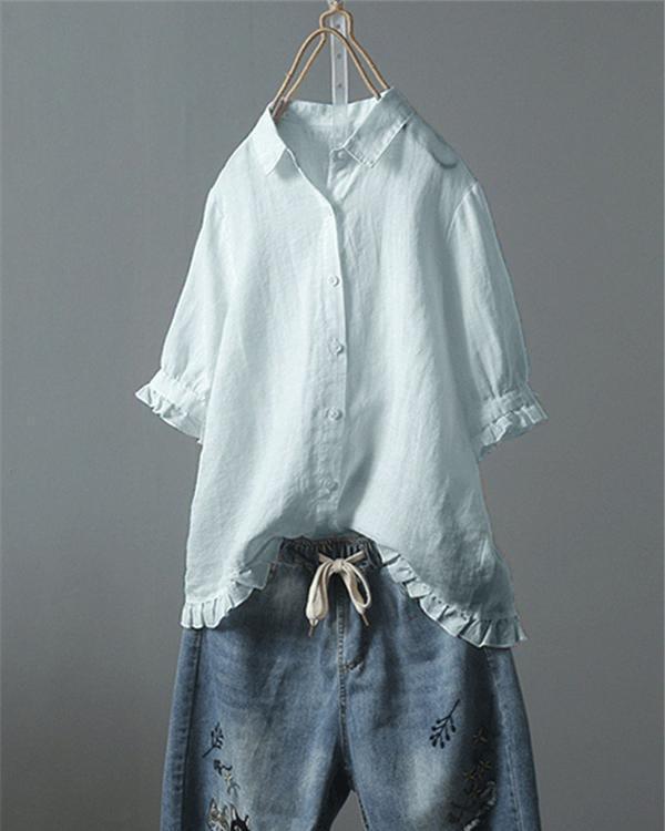 Lace Button Turn Down Collar Solid Color Shirt