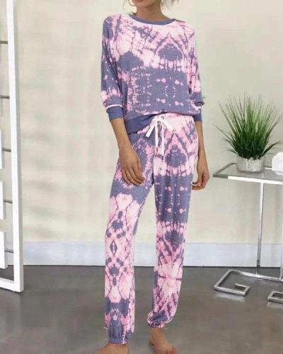 Casual Tye Dye Half Sleeve Adjustable Waistband Loungewear