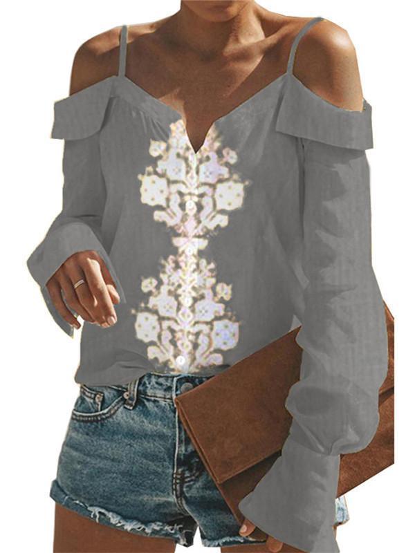 Cold Shoulder Spaghetti Linen Casual Abstract Blouse