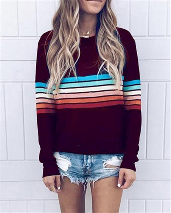 Rainbow Stripe Longs Loose Casual Holiday Daily Blouse