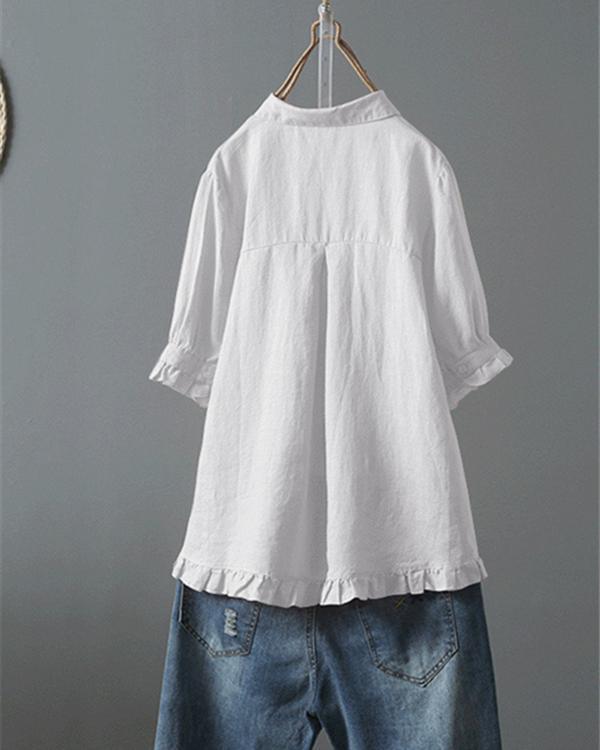 Lace Button Turn Down Collar Solid Color Shirt