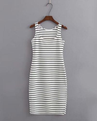 Striped Slit O-Neck Bodycon Dress