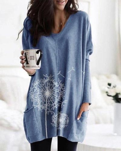 Flower Print Pockets Long Sleeve Loose Blouse For Women