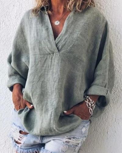 Solid Long Sleeve V Neck Plus Size Blouses Tops