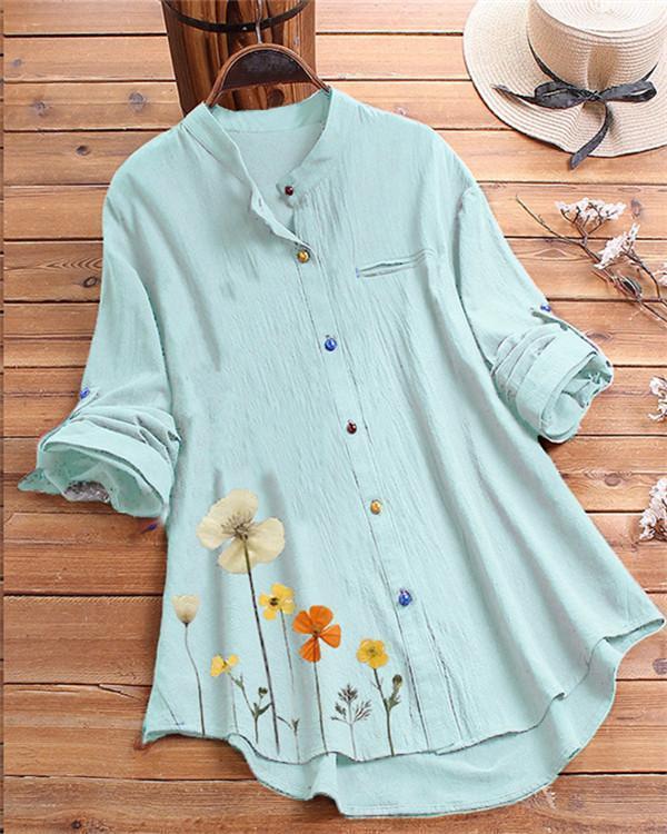 Flower Print Colorful Button Long Sleeve Shirt For Women