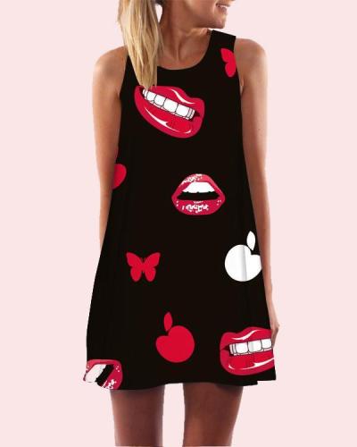 Women Kiss Printed Sleeveless Beach Dress
