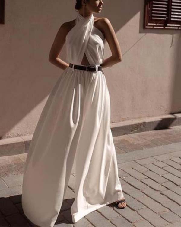 Casual Sexy Sling Off The Shoulder Backless Pure Color Jumpsuit