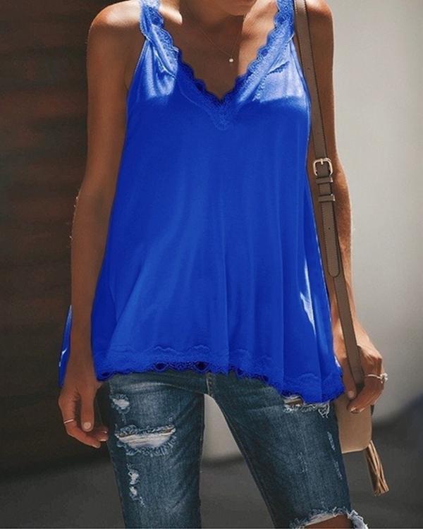 Women Casual  V Neck Paneled Spaghetti Solid Sexy Camis Tops