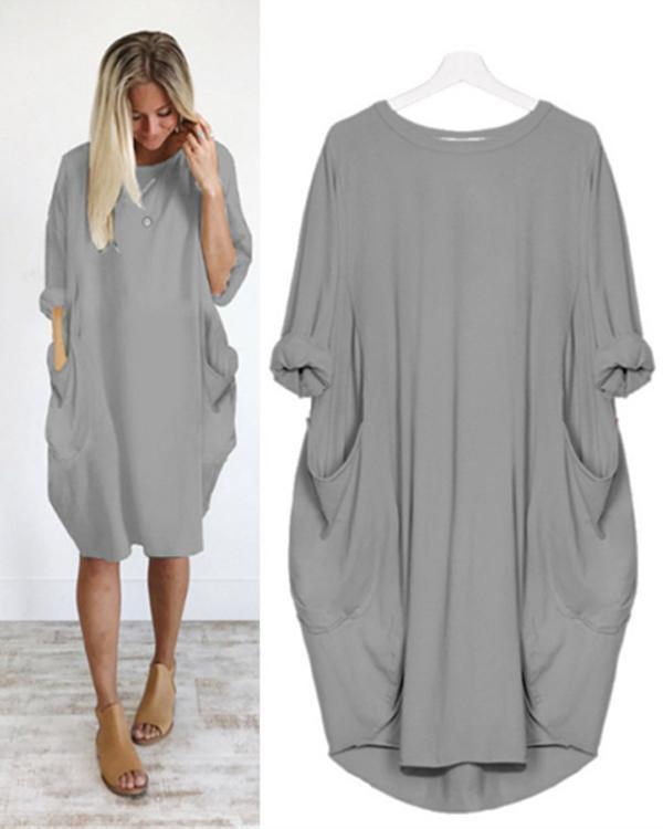 Womens  Plus Size Crew Neck Loose Long Sleeve Solid  Dress Tops