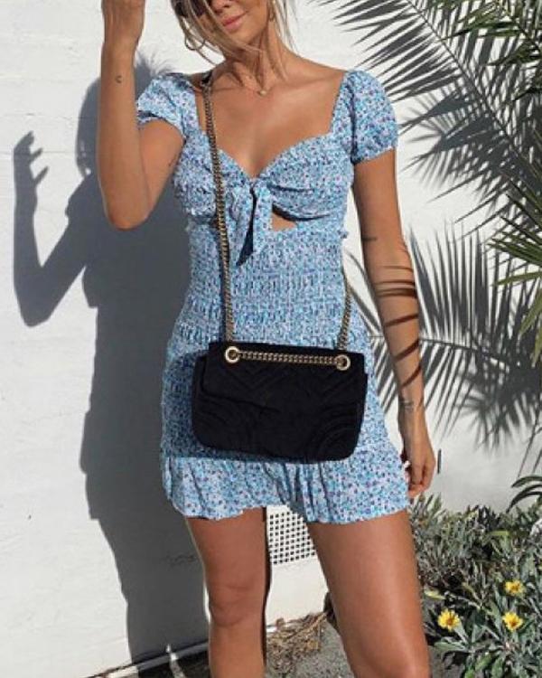 Printed Elastic Knot Cutout Ruffle Dress