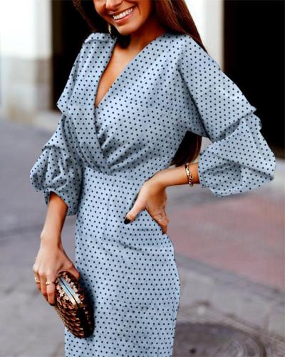 Polka Dots V Neck Holiday Dresses Shift Daytime Midi Dresss