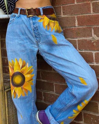 Women's Casual Print Washed Sun Flower Loose Jeans