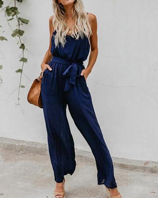 Sleeveless Solid Classic Waist-Tie Jumpsuit