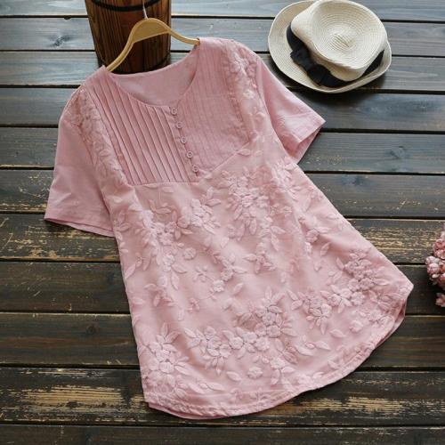 Plus Size Short Sleeve Embroidered V Neck 2019 Summer T-Shirts Tops