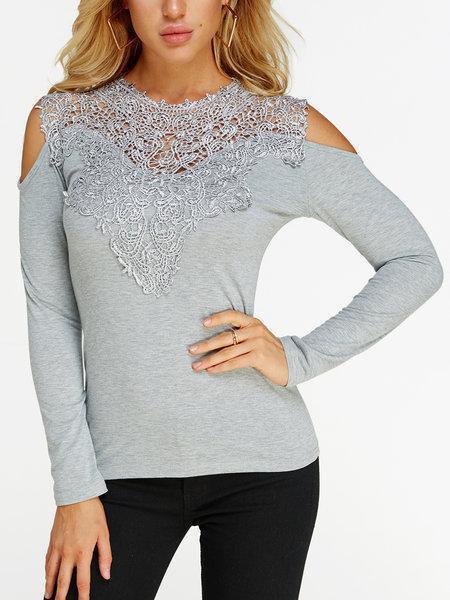 Lace Details Cold Shoulder Long Sleeves Causal Tshirts