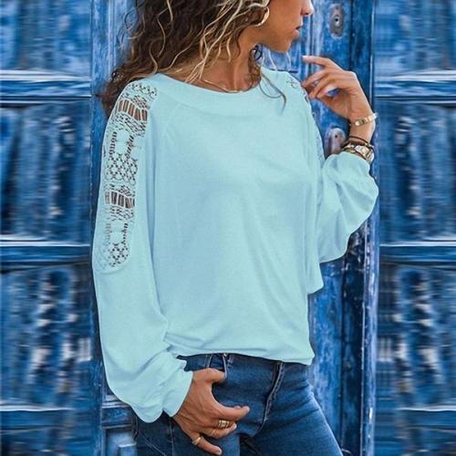 Round Neck Long Sleeve Lace Patchwork T-Shirts