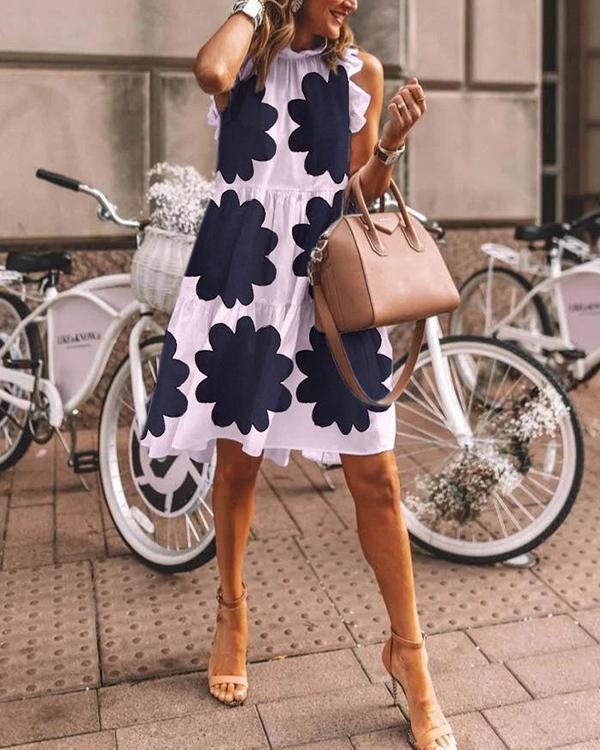 Floral-Print Lotus Leaf Sleeve Midi Dress